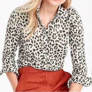 {J. Crew} "Perfect Shirt Leopard Print" Linen Cotton Blend Button Down Top